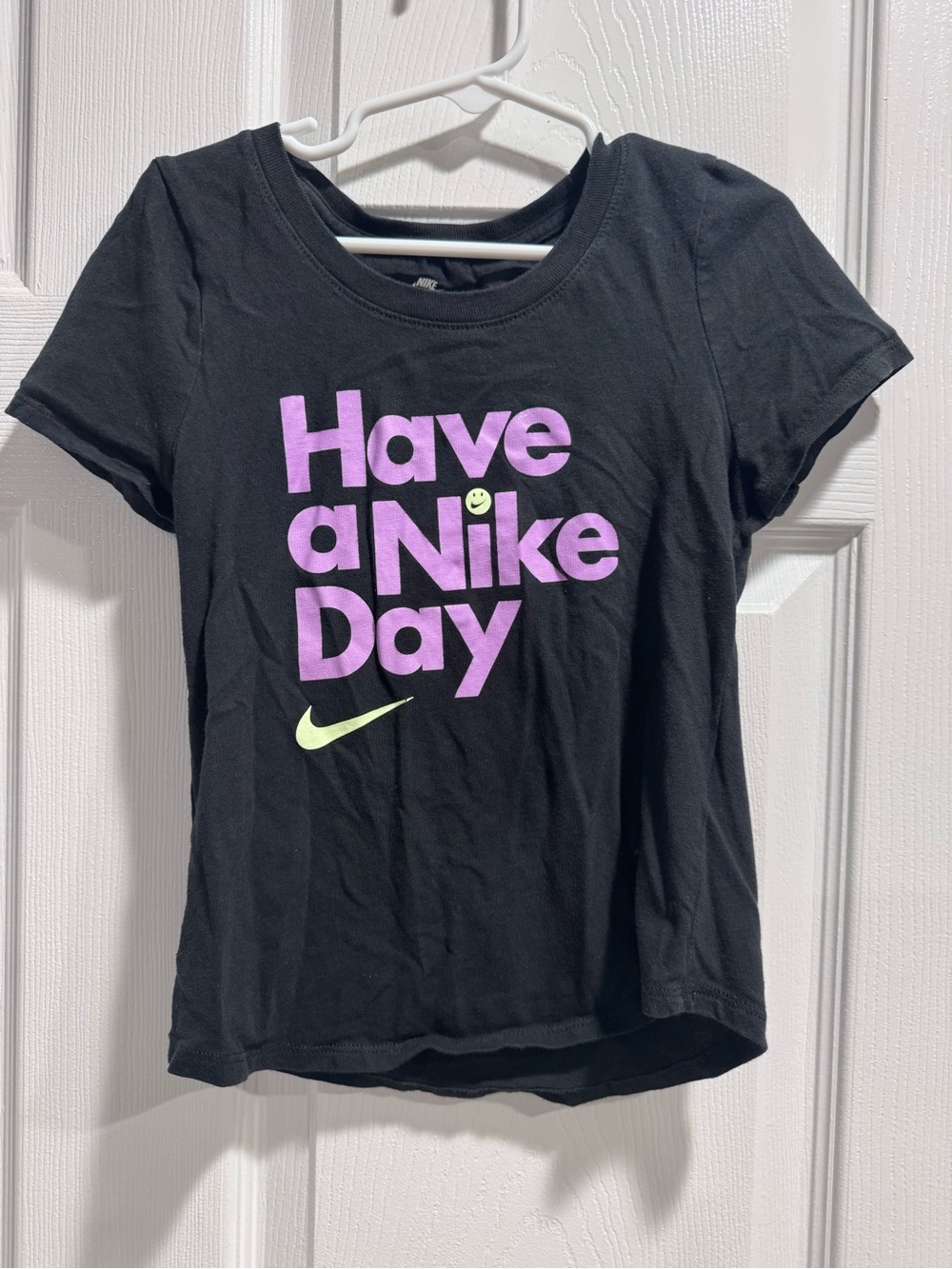 Nike Black Tee with Purple 'Have a Nike Day' Text and Neon Swoosh